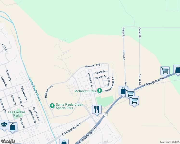 map of restaurants, bars, coffee shops, grocery stores, and more near 549 Limoneira Lane in Santa Paula