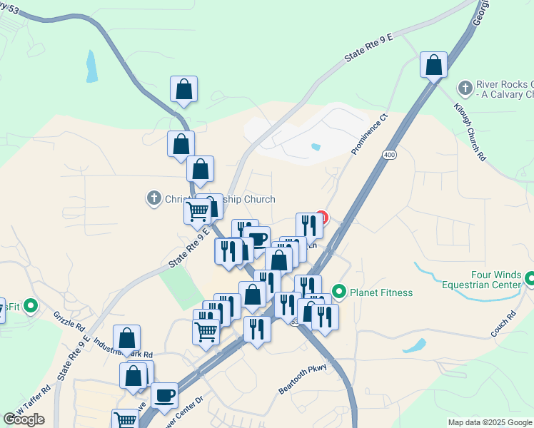map of restaurants, bars, coffee shops, grocery stores, and more near 37 Founders Drive in Dawsonville