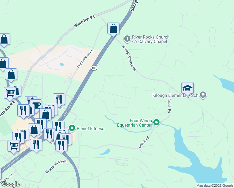 map of restaurants, bars, coffee shops, grocery stores, and more near 131 Meadowmark Drive in Dawsonville