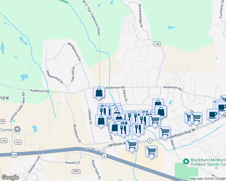 map of restaurants, bars, coffee shops, grocery stores, and more near 401-525 Bowie Dr in Oxford
