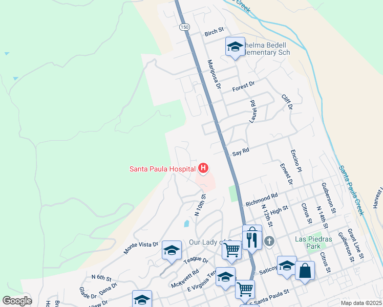 map of restaurants, bars, coffee shops, grocery stores, and more near 885 Coronado Circle in Santa Paula