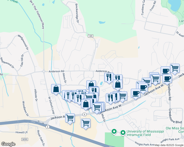 map of restaurants, bars, coffee shops, grocery stores, and more near 6 Aspen Drive in Oxford