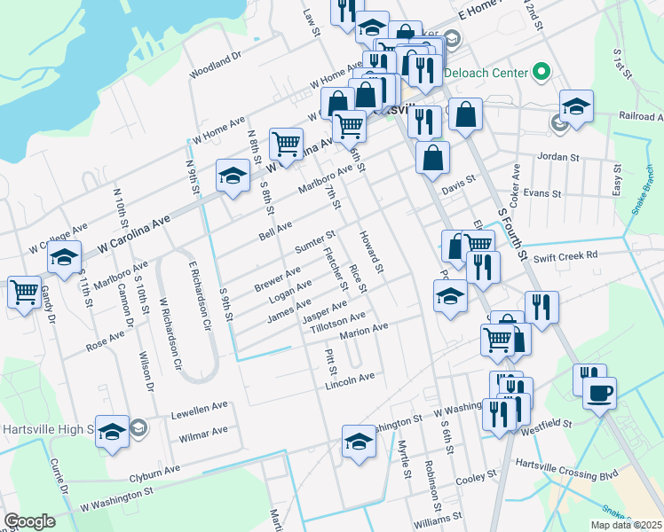 map of restaurants, bars, coffee shops, grocery stores, and more near 310 Logan Ave in Hartsville