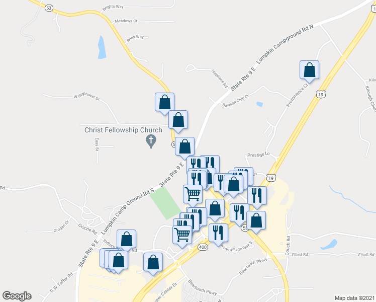 map of restaurants, bars, coffee shops, grocery stores, and more near 35 State Route 9 East in Dawsonville
