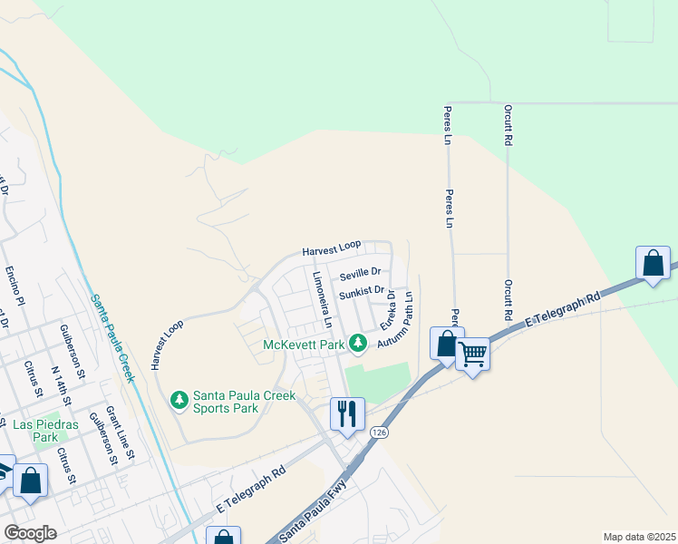 map of restaurants, bars, coffee shops, grocery stores, and more near 2075 Seville Drive in Santa Paula