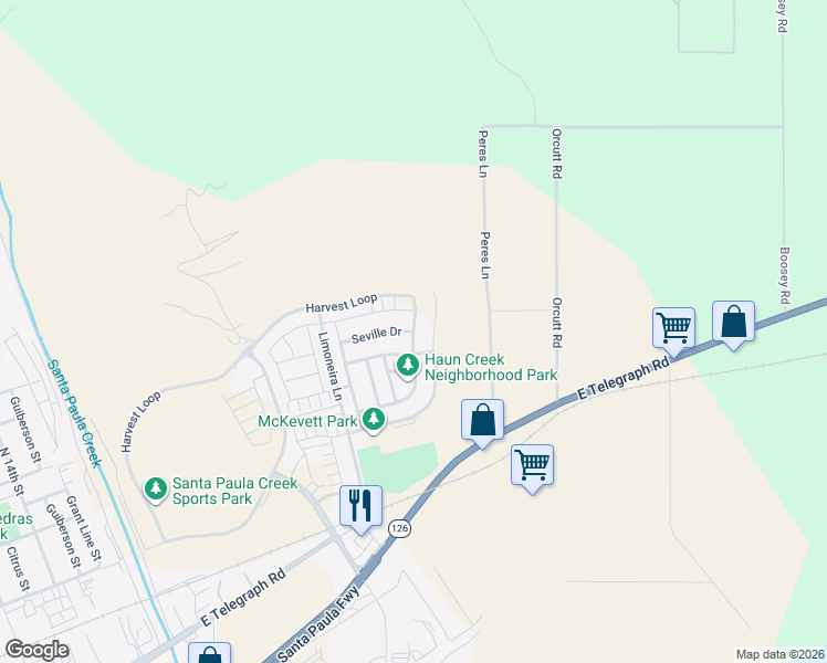 map of restaurants, bars, coffee shops, grocery stores, and more near 561 Eureka Drive in Santa Paula