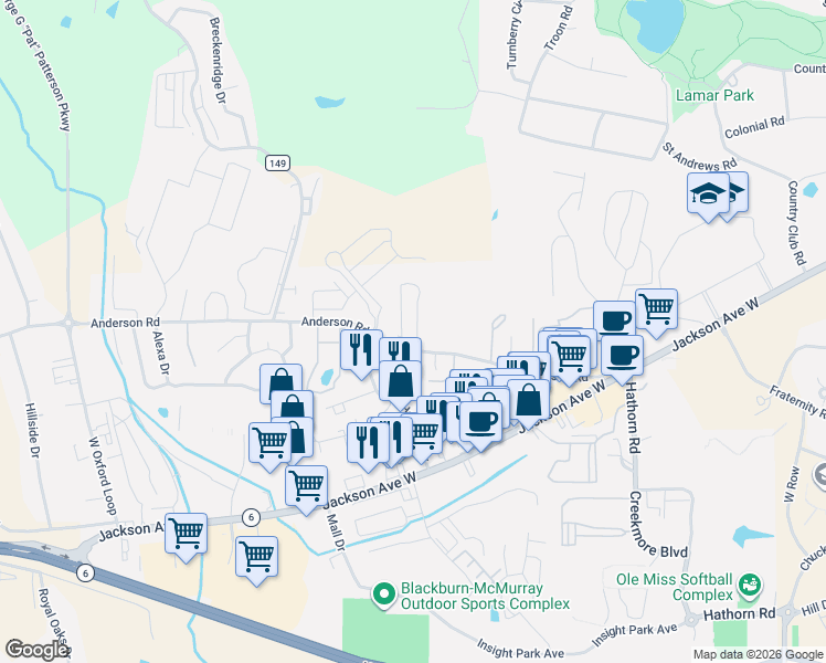 map of restaurants, bars, coffee shops, grocery stores, and more near 2101 Anderson Road in Oxford