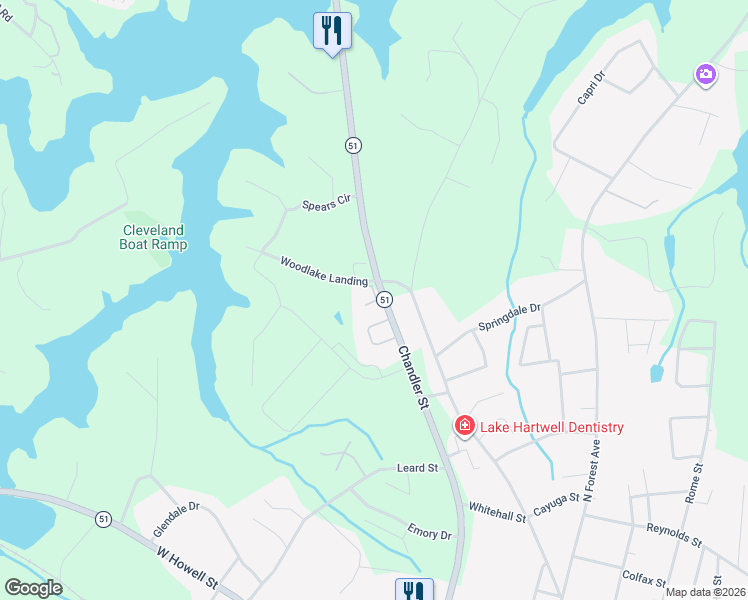 map of restaurants, bars, coffee shops, grocery stores, and more near Chandler Street in Hartwell