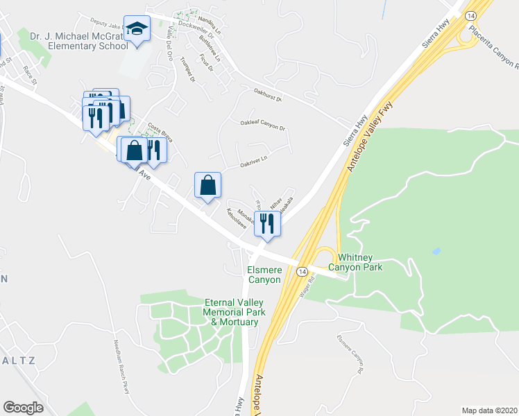 map of restaurants, bars, coffee shops, grocery stores, and more near 23450 Newhall Avenue in Santa Clarita