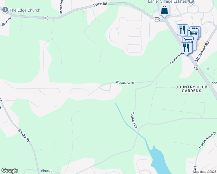 map of restaurants, bars, coffee shops, grocery stores, and more near 3821 Woodlane Circle in Gainesville
