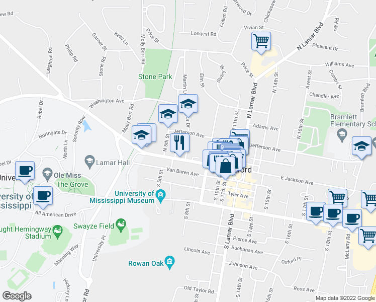 map of restaurants, bars, coffee shops, grocery stores, and more near 300 Martin Luther King Junior Drive in Oxford