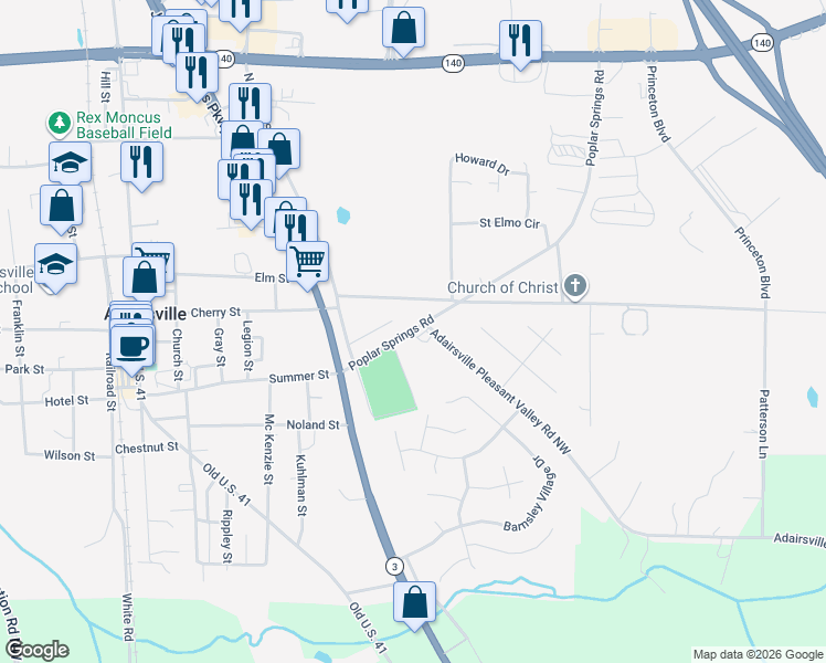 map of restaurants, bars, coffee shops, grocery stores, and more near 70 Poplar Springs Road in Adairsville