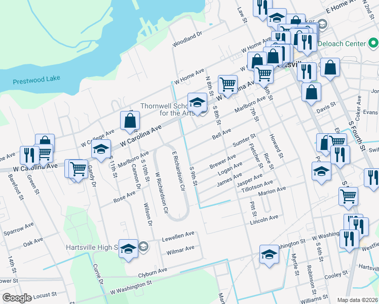 map of restaurants, bars, coffee shops, grocery stores, and more near 435 Bell Avenue in Hartsville