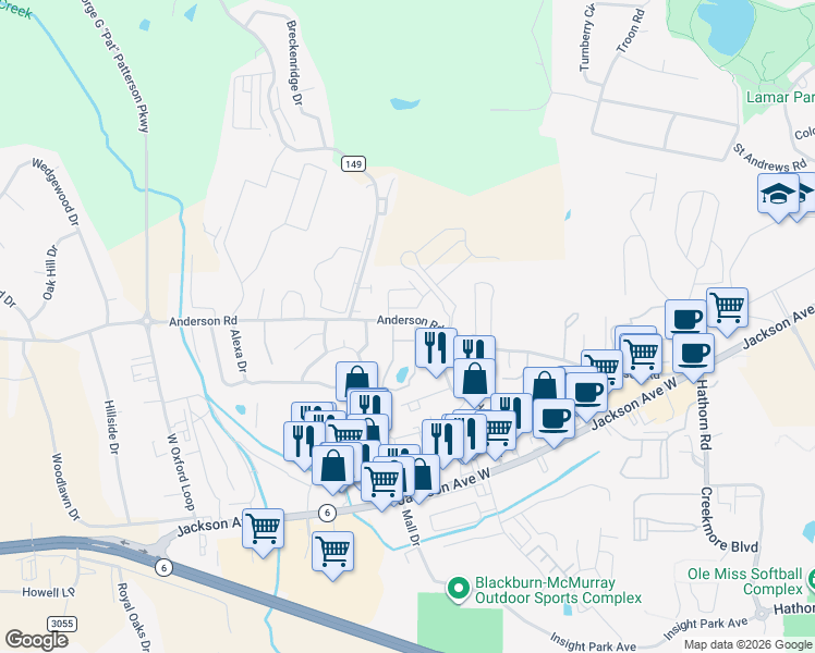 map of restaurants, bars, coffee shops, grocery stores, and more near 2210 Anderson Road in Oxford