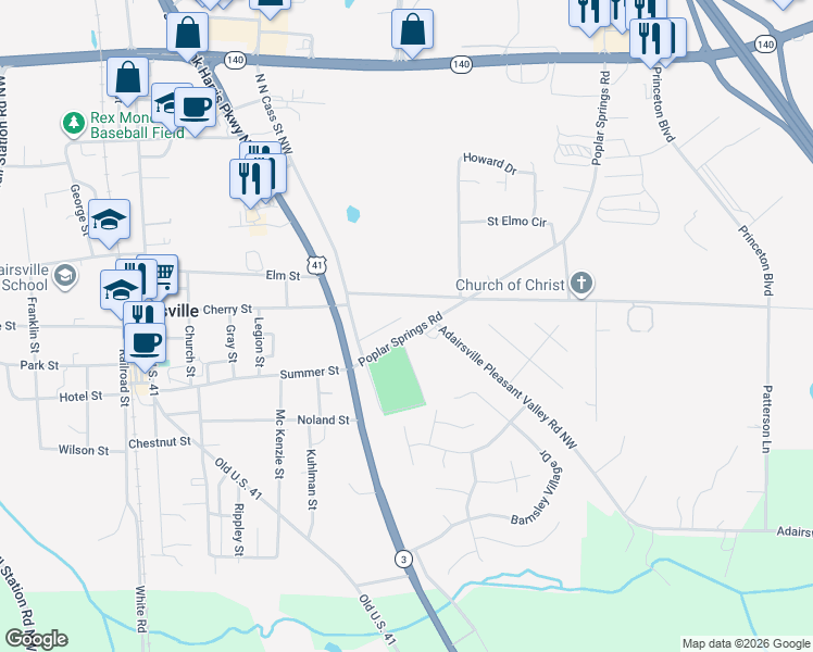 map of restaurants, bars, coffee shops, grocery stores, and more near 70 Poplar Springs Road in Adairsville