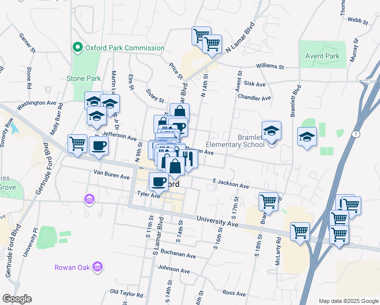 map of restaurants, bars, coffee shops, grocery stores, and more near 305 North 14th Street in Oxford