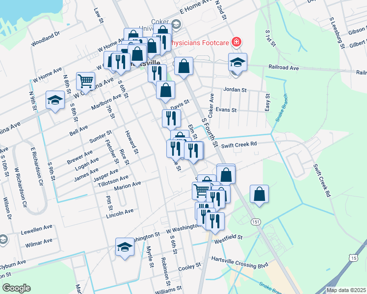 map of restaurants, bars, coffee shops, grocery stores, and more near U.S. 15 Business in Hartsville