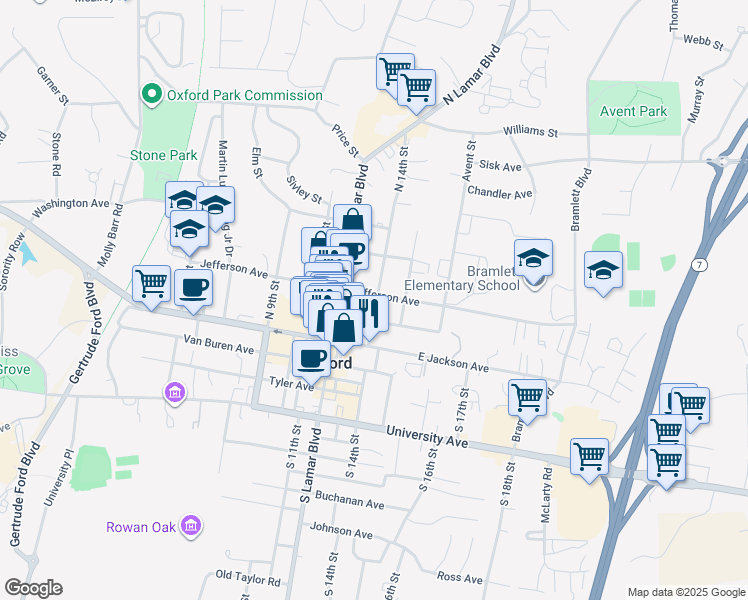 map of restaurants, bars, coffee shops, grocery stores, and more near 305 North 14th Street in Oxford