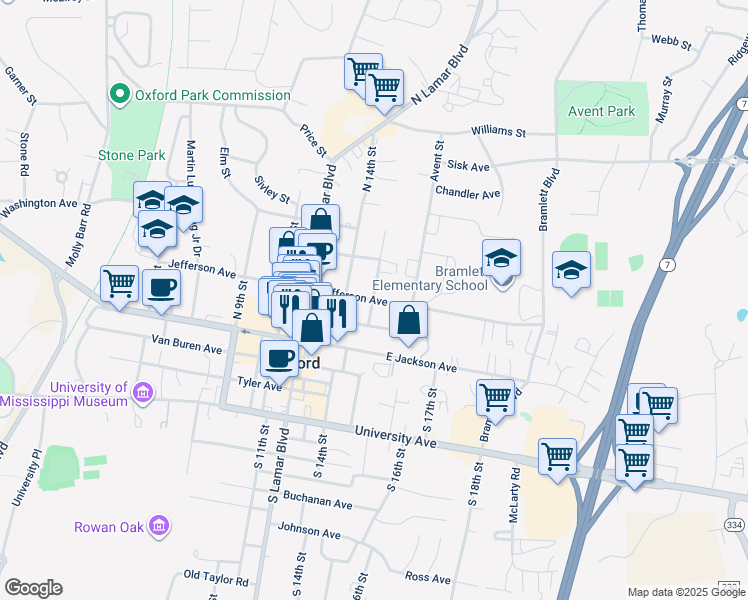 map of restaurants, bars, coffee shops, grocery stores, and more near 398 North 15th Street in Oxford