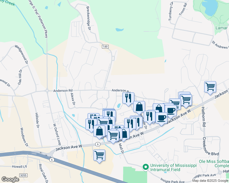 map of restaurants, bars, coffee shops, grocery stores, and more near 2206 Anderson Road in Oxford