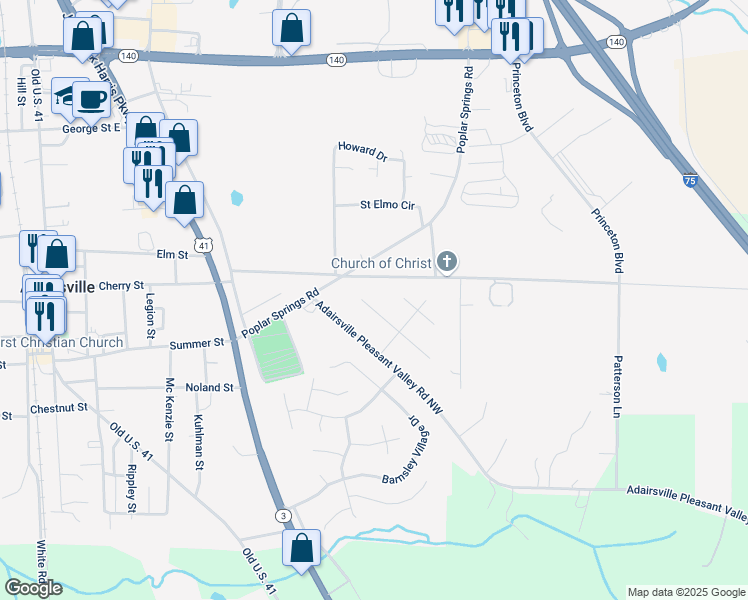map of restaurants, bars, coffee shops, grocery stores, and more near 21 Dewey Drive in Adairsville