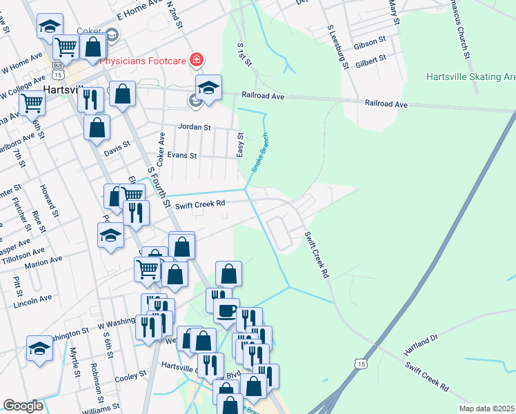 map of restaurants, bars, coffee shops, grocery stores, and more near 503 Swift Creek Road in Hartsville