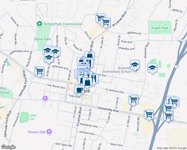 map of restaurants, bars, coffee shops, grocery stores, and more near 305 North 14th Street in Oxford