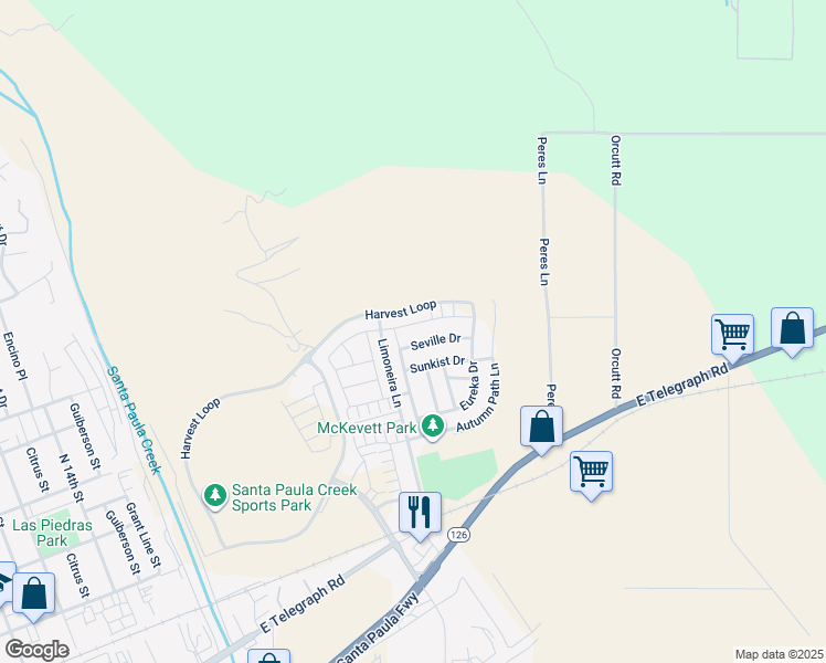 map of restaurants, bars, coffee shops, grocery stores, and more near 2080 Pomegranate St in Santa Paula