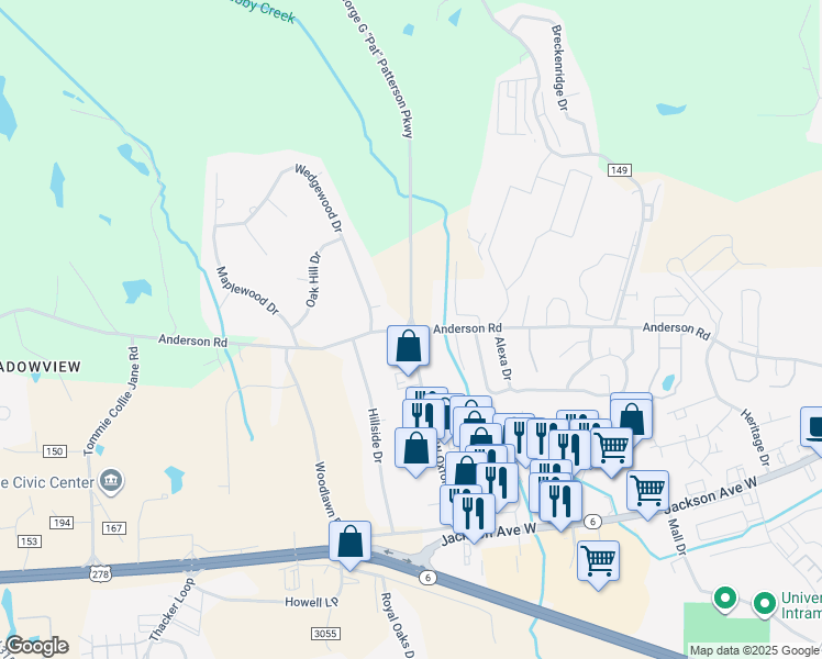 map of restaurants, bars, coffee shops, grocery stores, and more near 2710 West Oxford Loop in Oxford