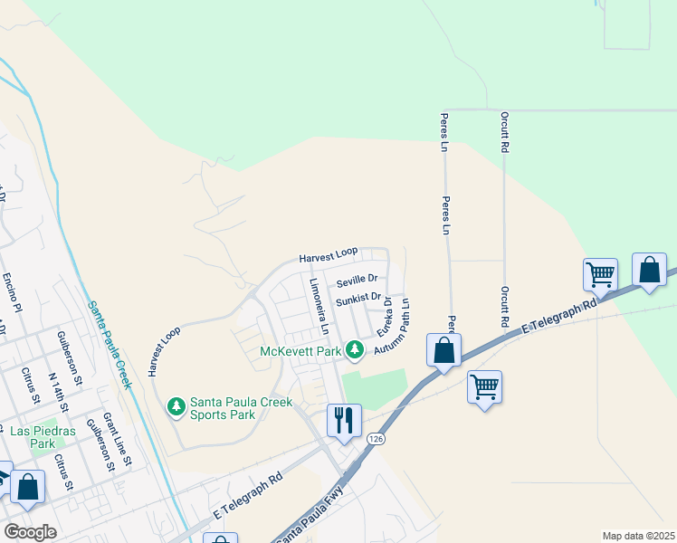 map of restaurants, bars, coffee shops, grocery stores, and more near 2080 Pomegranate St in Santa Paula