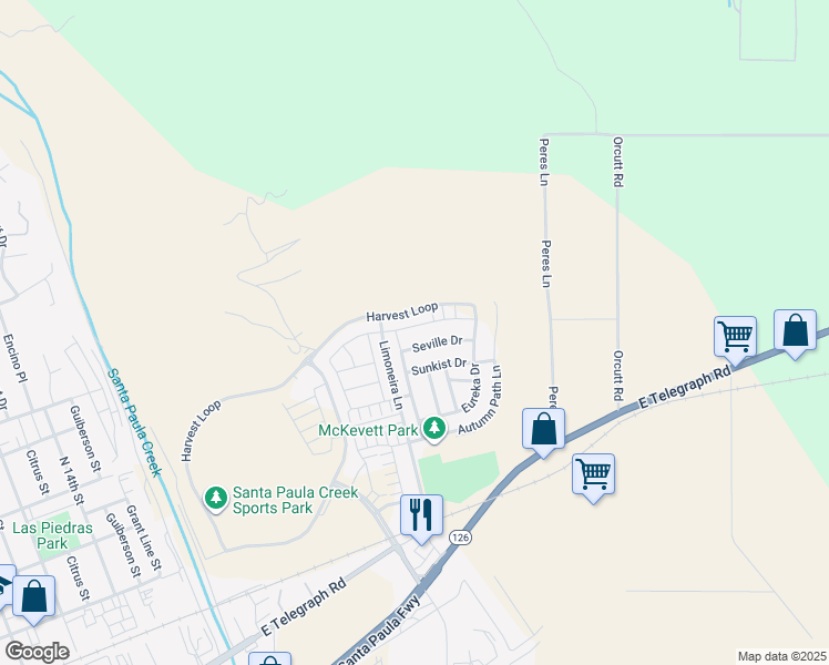 map of restaurants, bars, coffee shops, grocery stores, and more near 2080 Pomegranate St in Santa Paula