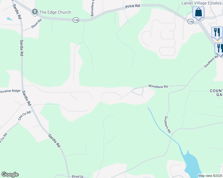 map of restaurants, bars, coffee shops, grocery stores, and more near 3822 Covered Bridge Place in Gainesville