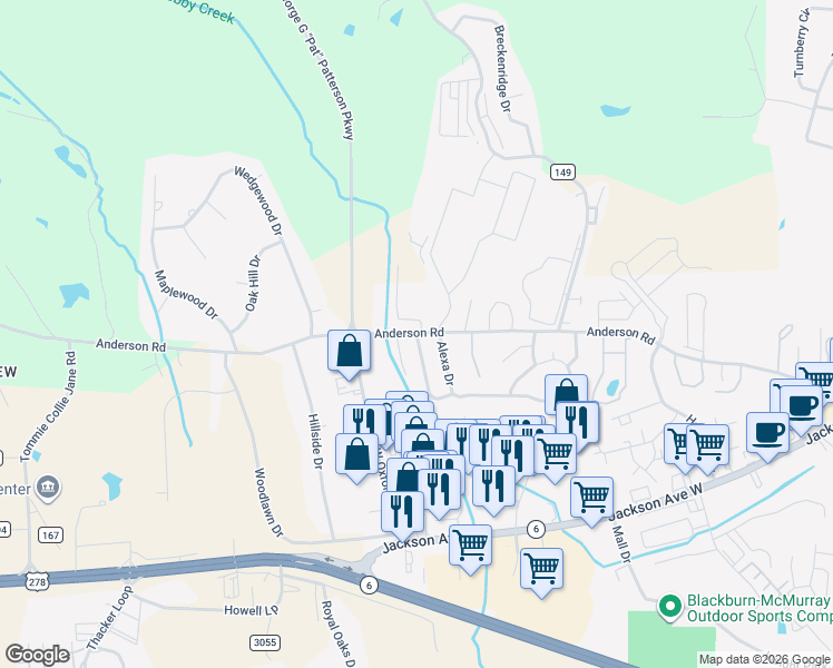 map of restaurants, bars, coffee shops, grocery stores, and more near 525 Bowie Drive in Oxford