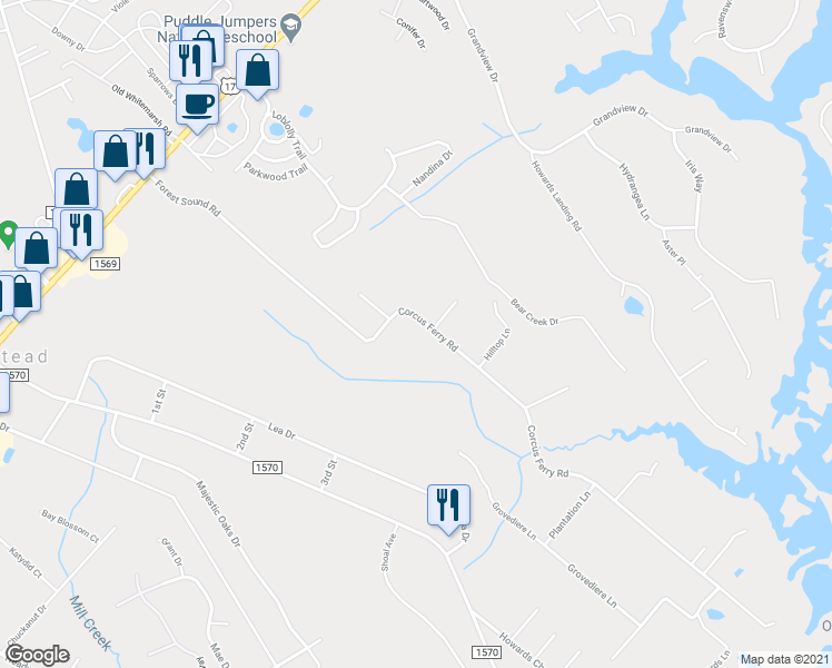 map of restaurants, bars, coffee shops, grocery stores, and more near 770 Corcus Ferry Road in Hampstead