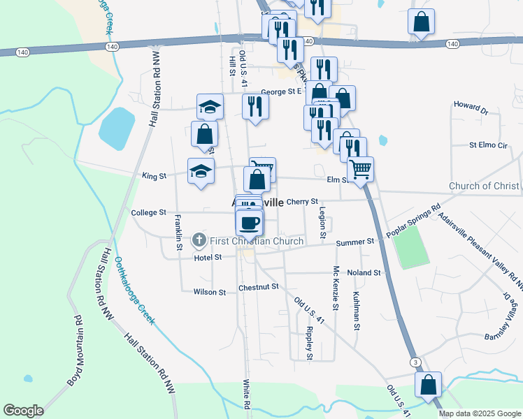 map of restaurants, bars, coffee shops, grocery stores, and more near 100 Cherry Street in Adairsville