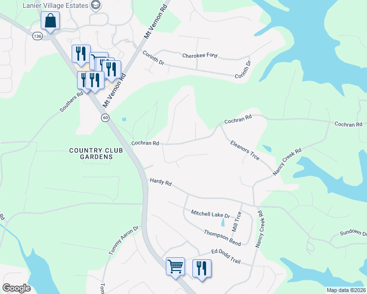 map of restaurants, bars, coffee shops, grocery stores, and more near 3618 Cochran Rd in Gainesville