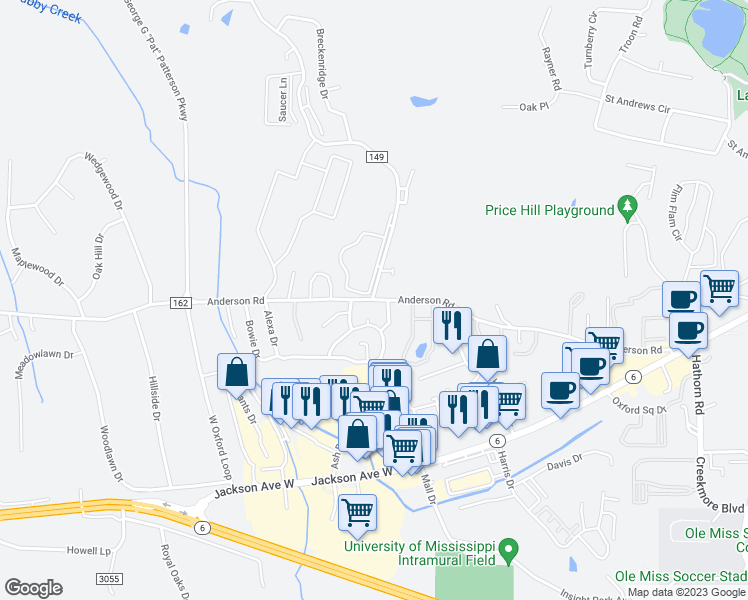 map of restaurants, bars, coffee shops, grocery stores, and more near Anderson Road in Oxford