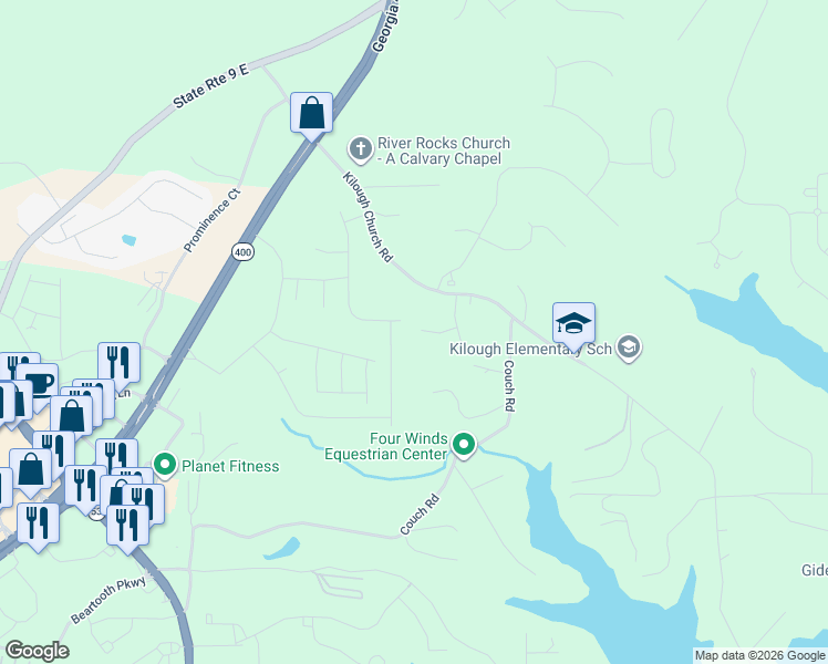 map of restaurants, bars, coffee shops, grocery stores, and more near 90 Montvale Dr in Dawsonville
