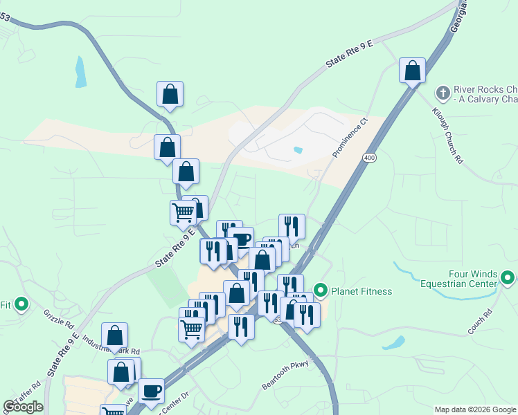 map of restaurants, bars, coffee shops, grocery stores, and more near 37 Founders Drive in Dawsonville