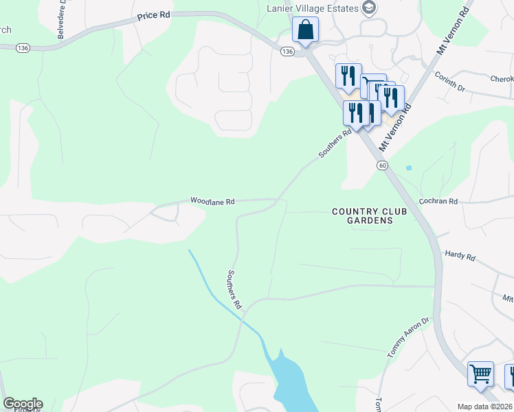 map of restaurants, bars, coffee shops, grocery stores, and more near 3715 Woodlane Road in Gainesville