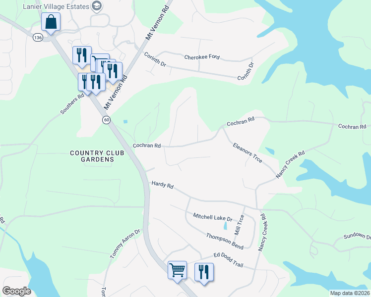 map of restaurants, bars, coffee shops, grocery stores, and more near 3618 Cochran Road in Gainesville
