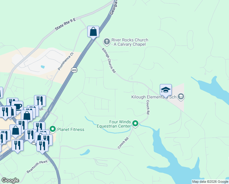 map of restaurants, bars, coffee shops, grocery stores, and more near 75 Montvale Drive in Dawsonville