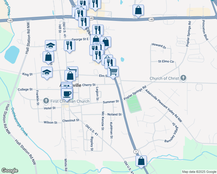 map of restaurants, bars, coffee shops, grocery stores, and more near 126 Cherry Street in Adairsville