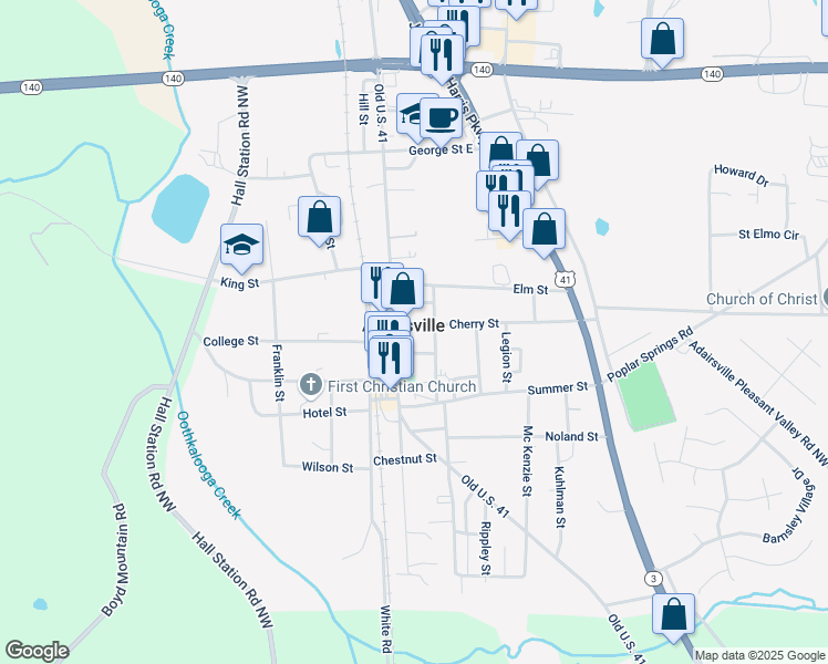 map of restaurants, bars, coffee shops, grocery stores, and more near 100 Cherry Street in Adairsville