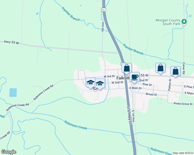 map of restaurants, bars, coffee shops, grocery stores, and more near 139 West 2nd Street in Falkville