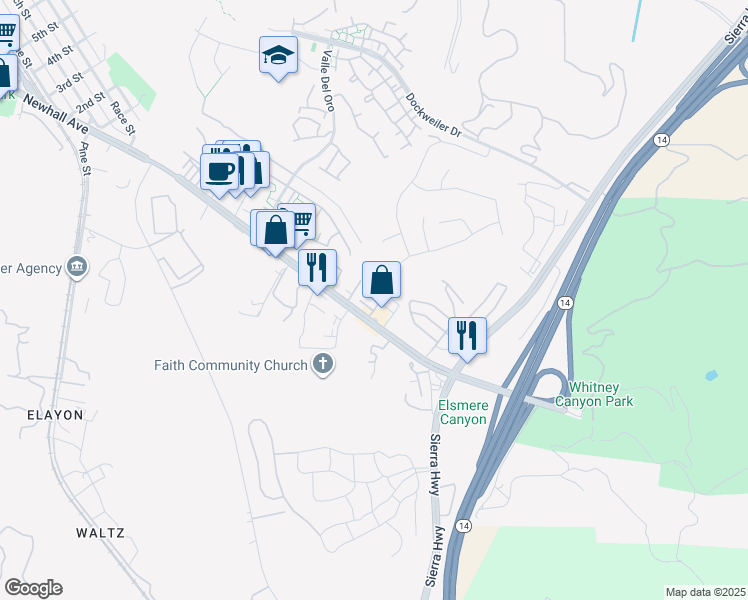 map of restaurants, bars, coffee shops, grocery stores, and more near 23522 Newhall Avenue in Santa Clarita