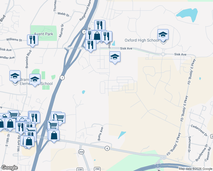 map of restaurants, bars, coffee shops, grocery stores, and more near 110 Ed Perry Boulevard in Oxford