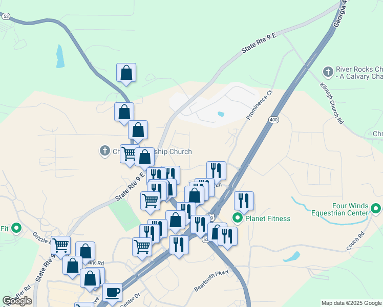 map of restaurants, bars, coffee shops, grocery stores, and more near 37 Founders Drive in Dawsonville