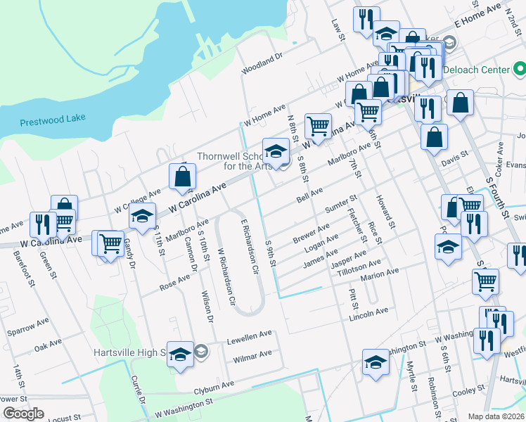 map of restaurants, bars, coffee shops, grocery stores, and more near 435 Bell Avenue in Hartsville