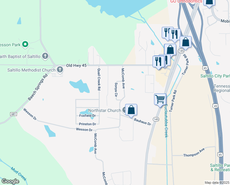 map of restaurants, bars, coffee shops, grocery stores, and more near 118 Sonya Circle in Saltillo